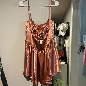 NEW Fashion Nova High Low Satin Dress in Metallic Rose